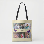 Zes foto's aangepaste tekst vlinders beige tote bag (Voorkant)