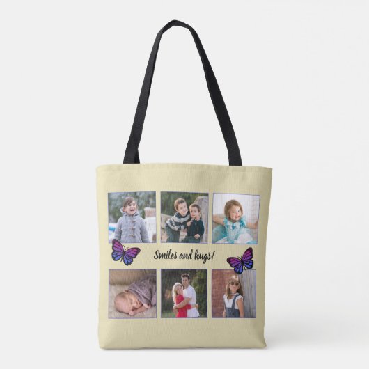 Zes foto's aangepaste tekst vlinders beige tote bag (Achterkant)