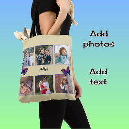 Zes foto's aangepaste tekst vlinders beige tote bag