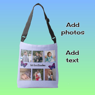 Zes foto's aangepaste tekstknoppen blauw crossbody tas