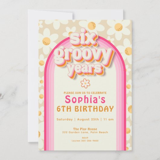 Zes Groovy Jaar Daisy Rainbow Verjaardag Uitnodigi Kaart (Voorkant)