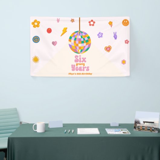 Zes Groovy Years Disco Ball 6e Verjaardagsfeestje Spandoek (Beurs)