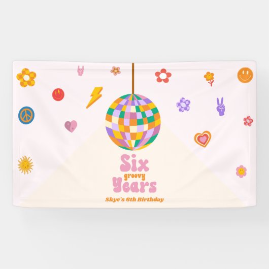 Zes Groovy Years Disco Ball 6e Verjaardagsfeestje Spandoek (Horizontaal)