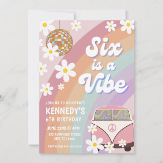 Zes is een vibe 6e verjaardag uitnodiging groovy m