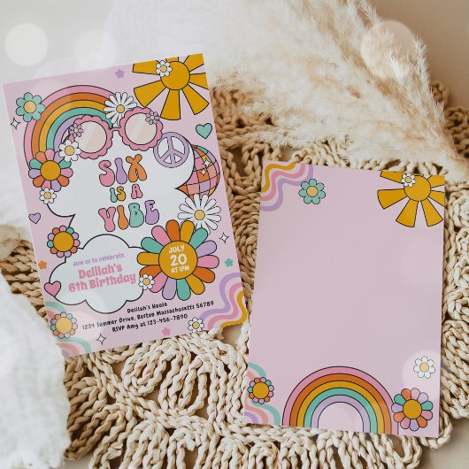 Zes is een Vibe Groovy 70s Flower Power Verjaardag Kaart