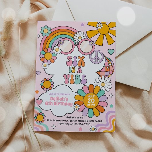 Zes is een Vibe Groovy 70s Flower Power Verjaardag Kaart