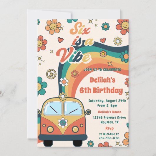 Zes is een Vibe Groovy Retro Floral 6e verjaardag Kaart (Voorkant)