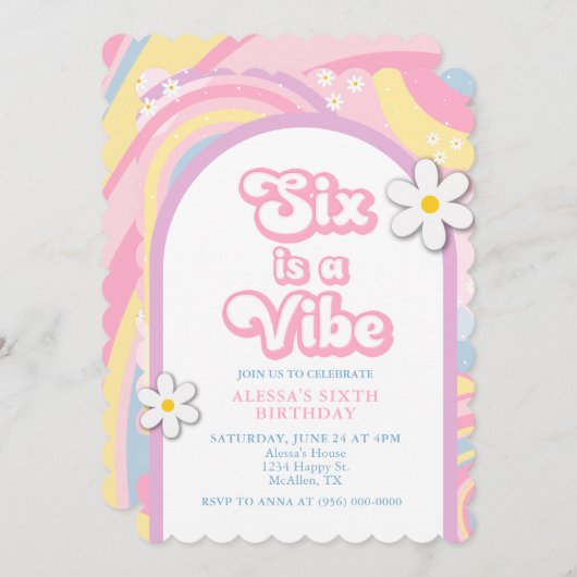 Zes is een Vibe Groovy, Retro Meisje Pastel Kleure Kaart (Voorkant / Achterkant)