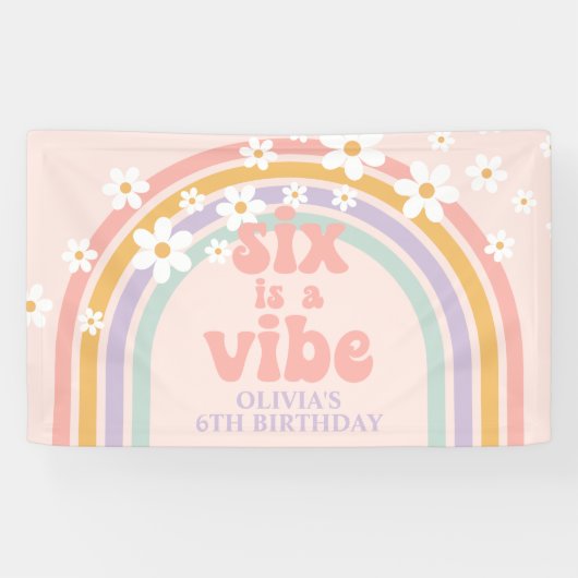 Zes is een Vibe Pastel regenboog 6e verjaardag Spandoek (Horizontaal)