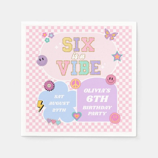 Zes is een vibe preppy patch 6e verjaardagsfeest servet (Voorkant)