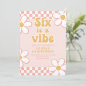 Zes is een Vibe Retro Check Pink Daisy Kaart (Staand voorkant)