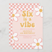 Zes is een Vibe Retro Check Pink Daisy Kaart (Voorkant / Achterkant)