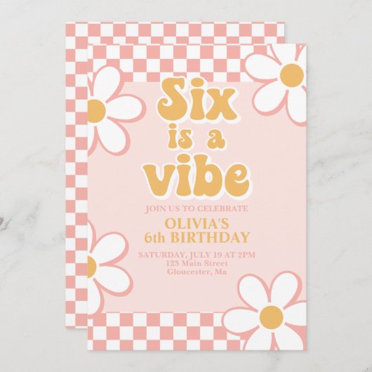 Zes is een Vibe Retro Check Pink Daisy Kaart (Voorkant / Achterkant)