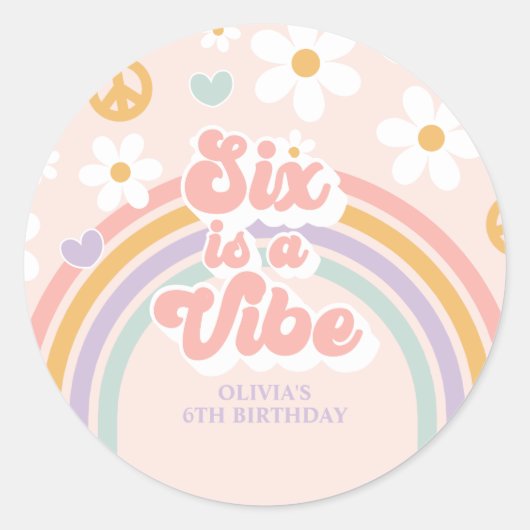 Zes is een Vibe Retro Rainbow 6e verjaardag Ronde Sticker (Voorkant)