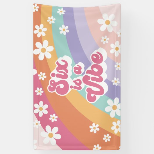 Zes is een Vibe Retro Rainbow 6e verjaardag Spandoek (Verticaal)