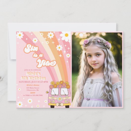 Zes is een Vibe Retro Rainbow Groovy 6e verjaardag Kaart (Voorkant)