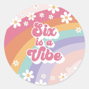 Zes is een Vibe Retro Regenboog 6e Verjaardag Ronde Sticker
