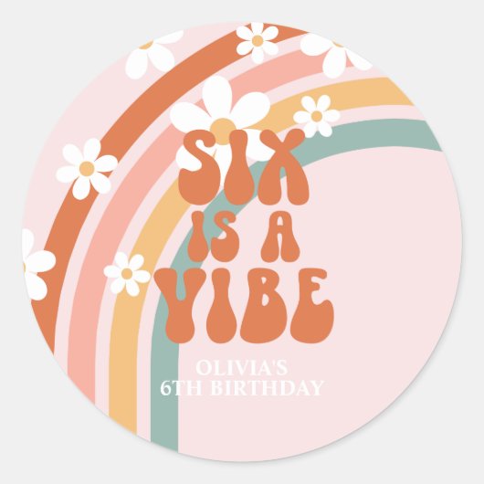Zes is een Vibe Retro regenboog 6e verjaardag Ronde Sticker (Voorkant)