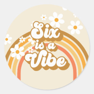 Zes is een Vibe Retro Regenboog Groovy 6e Verjaard Ronde Sticker
