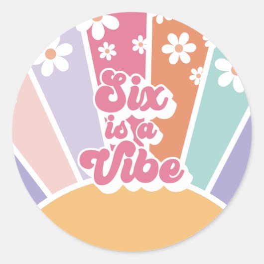 Zes is een Vibe Retro Sunshine Rainbow Daisy Ronde Sticker (Voorkant)