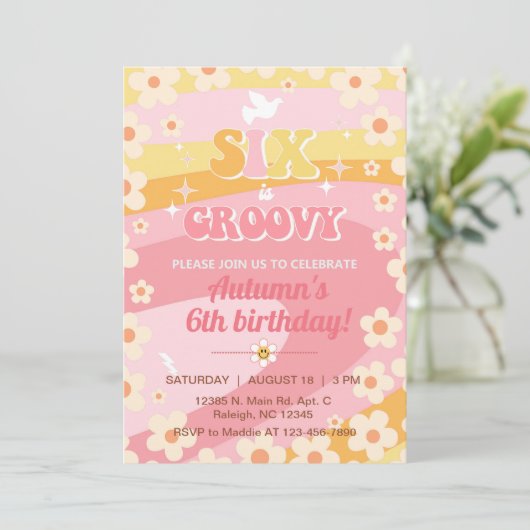 Zes is Groovy meisje 6e verjaardagsuitnodiging, ui Kaart (Staand voorkant)