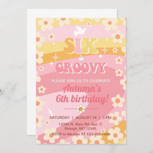 Zes is Groovy meisje 6e verjaardagsuitnodiging, ui Kaart (Voorkant / Achterkant)