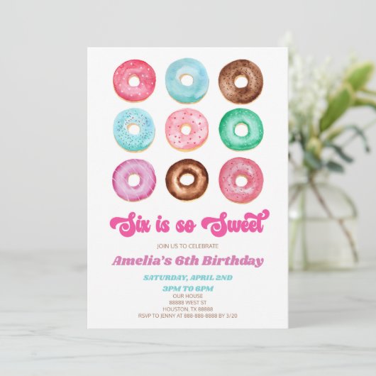 Zes is zo lief donut sprenkelen 6e verjaardag fees kaart (Staand voorkant)