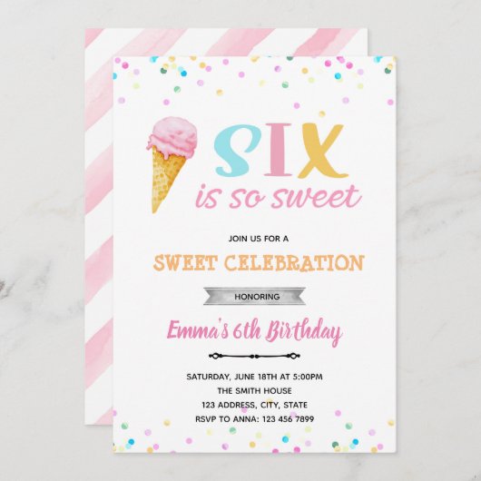 Zes is zo zoete ijsjes-uitnodiging kaart (Voorkant / Achterkant)