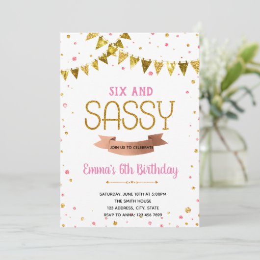 Zes jaar en sassy verjaardagsthema kaart (Staand voorkant)