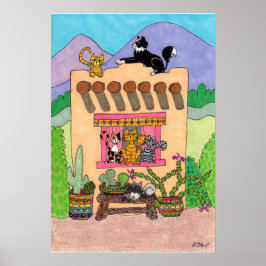Zes katten in een Oranje Adobe House Poster