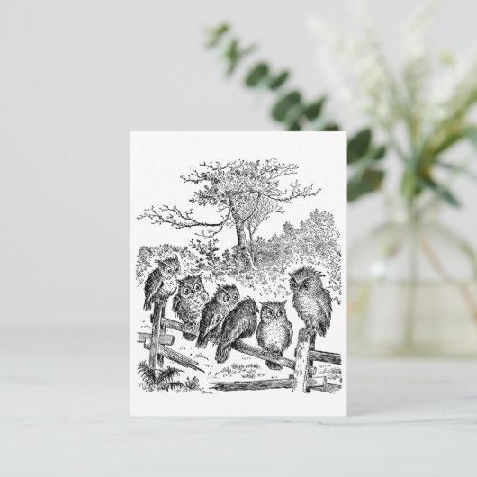 Zes kleine eigenaars zitten op een gebroken omhein briefkaart (Staand voorkant)