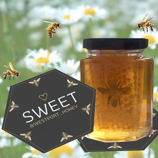 Zes Koningin Bee HEXAGON Honing met Hart Promotion Kartonnen Onderzetters