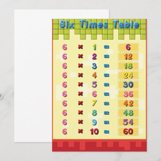 Zes maal daagse tafeluitnodigingen kaart (Voorkant / Achterkant)