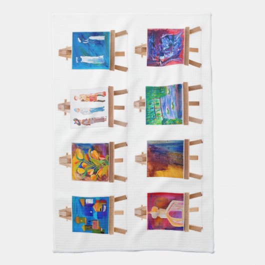 Zes mini-schilderijen op aal geïsoleerd op wit theedoek (Verticaal)