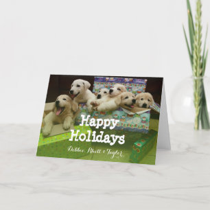 Zes "puppy" zit in de dozen van Kerstmis Feestdagen Kaart