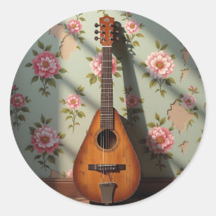 Zes-snarige Dulcimer Vintage Bloem Ronde Sticker