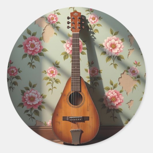 Zes-snarige Dulcimer Vintage Bloem Ronde Sticker (Voorkant)