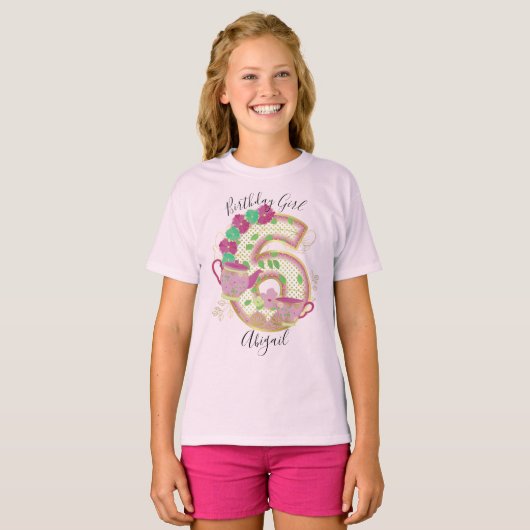 Zes Tea Party Birthday Girl | Floral T-shirt (Voorkant volledig)