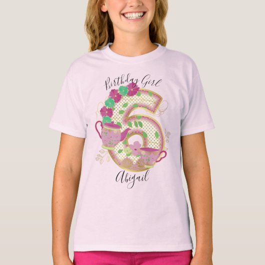 Zes Tea Party Birthday Girl | Floral T-shirt (Voorkant)