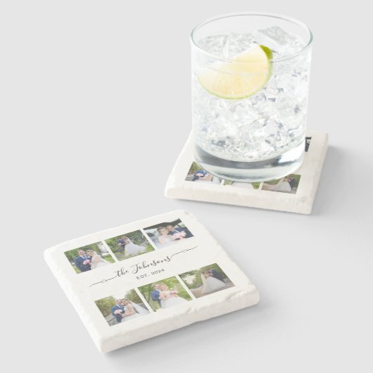 Zes trouwfoto hart swash handtekening  stenen onderzetter (Zijkant)