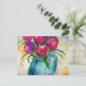 Zes Tulpen in Blauwe Vaas, Bloemenkunst, Briefkaar Briefkaart (Staand voorkant)