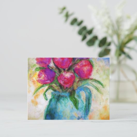Zes Tulpen in Blauwe Vaas, Bloemenkunst, Briefkaar Briefkaart (Staand voorkant)