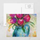 Zes Tulpen in Blauwe Vaas, Bloemenkunst, Briefkaar Briefkaart (Voorkant / Achterkant)