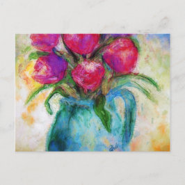 Zes Tulpen in Blauwe Vaas, Bloemenkunst, Briefkaar Briefkaart