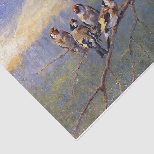 Zes vogels op een tak schilderij tissuepapier (Detail)