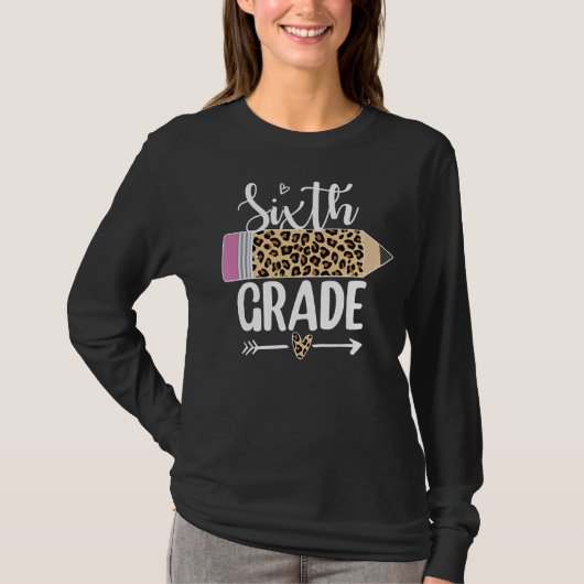 Zesde graad Leopard-potlood 1e dag schoolleerlingo T-shirt (Voorkant)