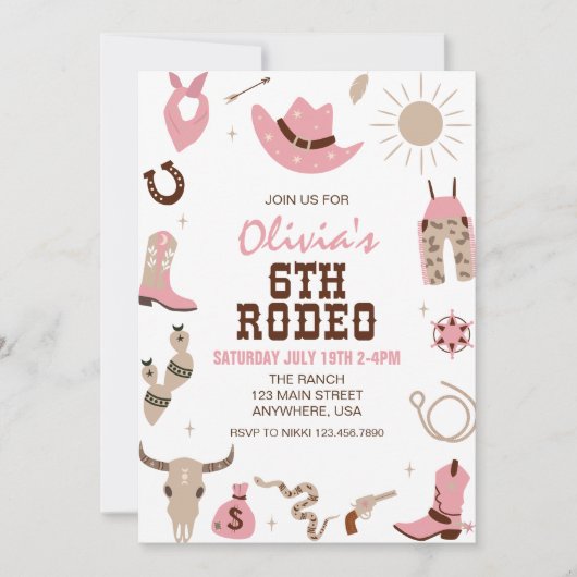 Zesde Rodeo Roze Western 6e Verjaardag Kaart (Voorkant)