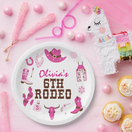 Zesde Rodeo Roze Western Cowboy 6e Verjaardag Papieren Bordje (Feest)