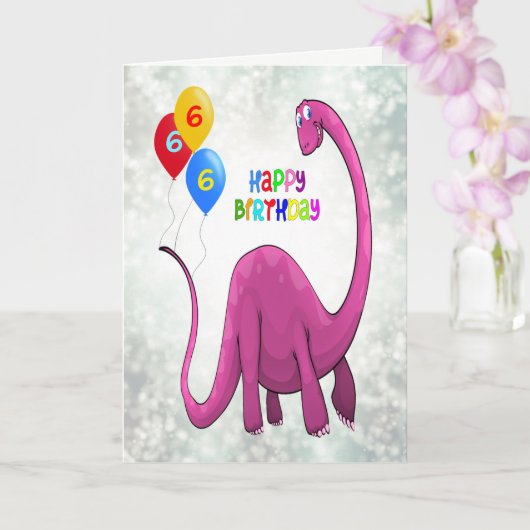 Zesde Verjaardag Dinosaurus en Ballons Kaart (Orchidee)