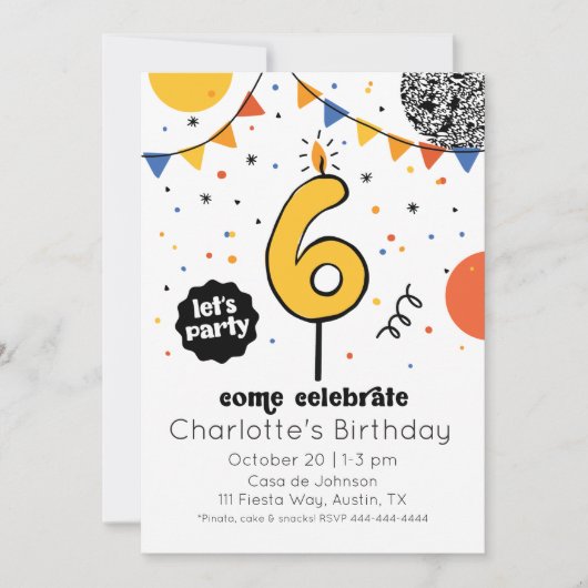 Zesde verjaardag kaars Doodle uitnodiging (Voorkant)
